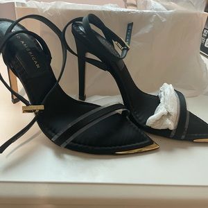 Good American black satin “On Point” heels